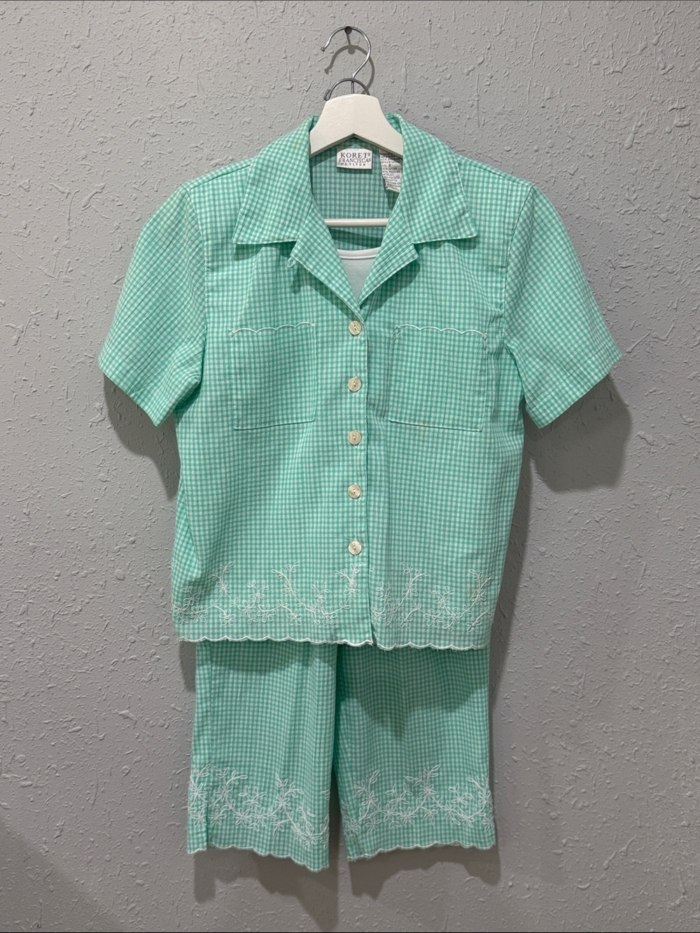Koret Francisca Mint Gingham Short-Sleeve Capri 2‎ Piece Set Size SP Cottagecore